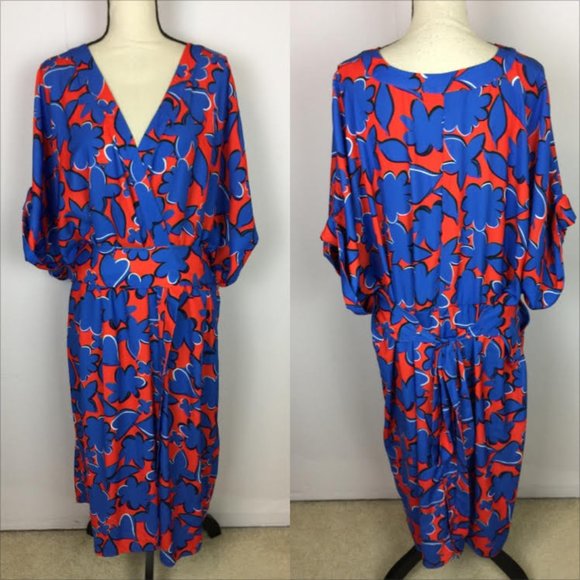 Eloquii Wrap A-Line Dress Sz 26 Womans Plus Red Blue Floral Short Sleeve Belted - Picture 1 of 14
